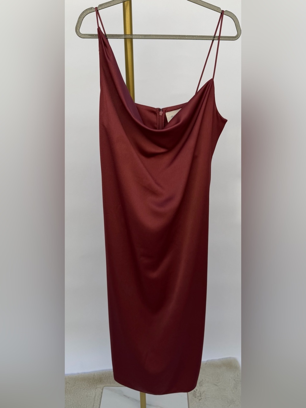 BHLDN Anthropologie Asymmetrical Cowl Neck Satin Midi Dress Terracotta Rust Red